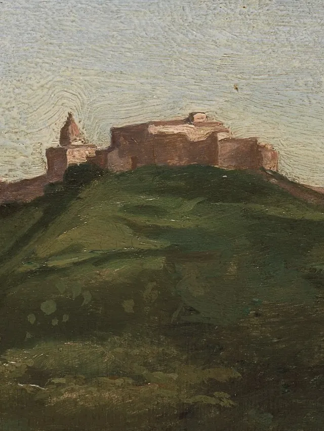 Detail of a hill town in a Corot landscape
