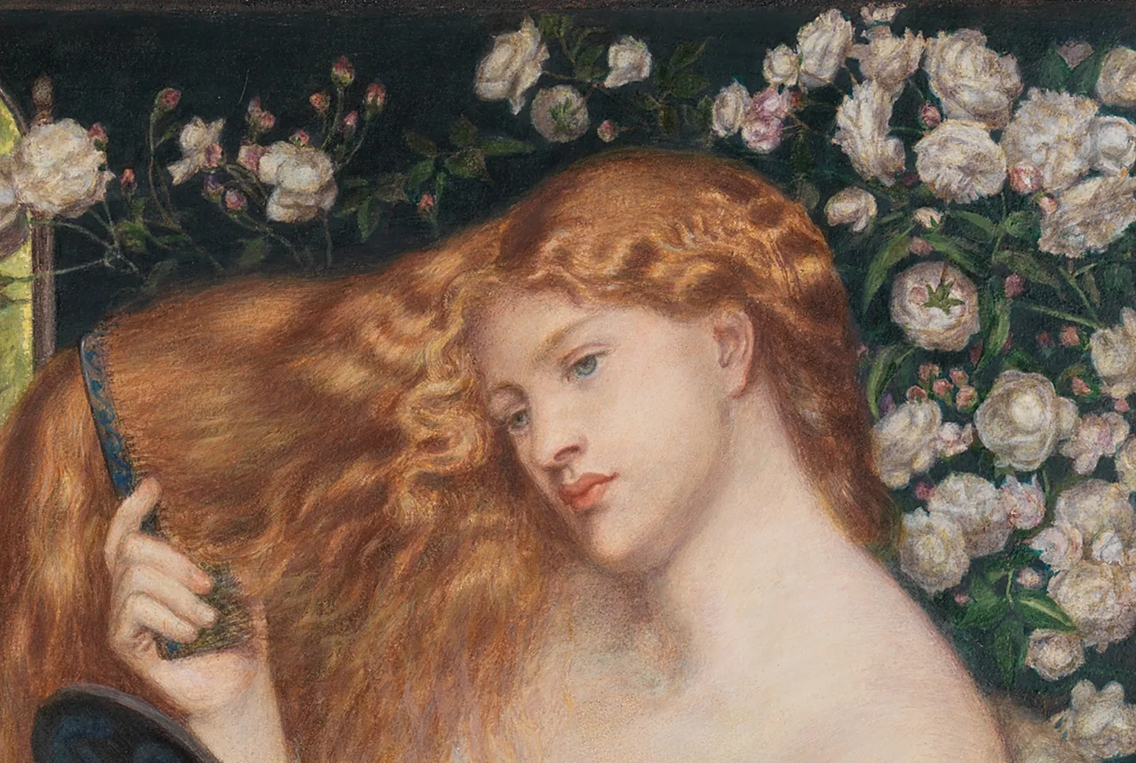 Detail of Lady Lilith by Dante Gabriel Rossetti: a red-haired woman among white roses