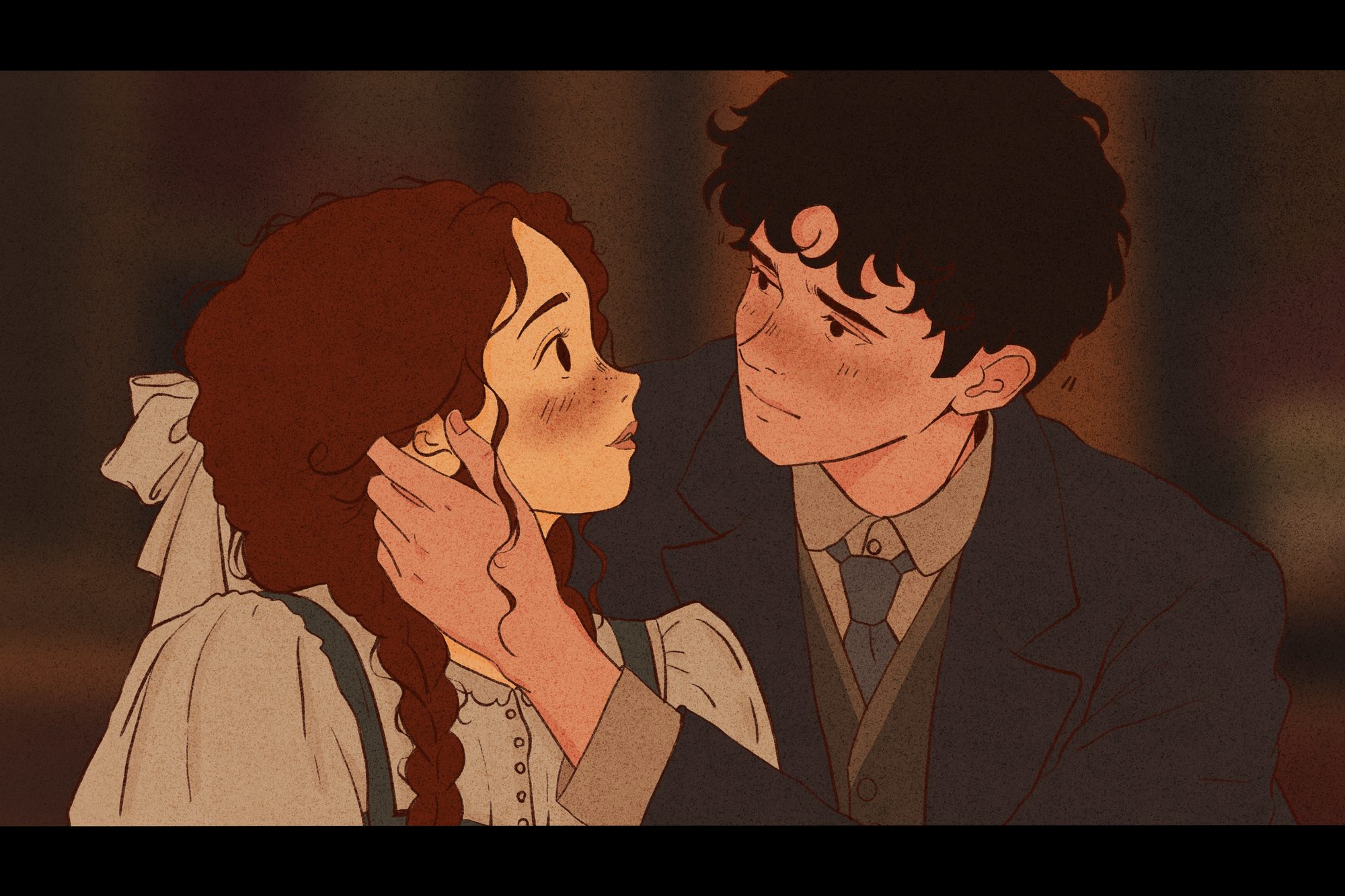 Illustration by Nora: a young man gently holds the face of a red-haired girl with a braid