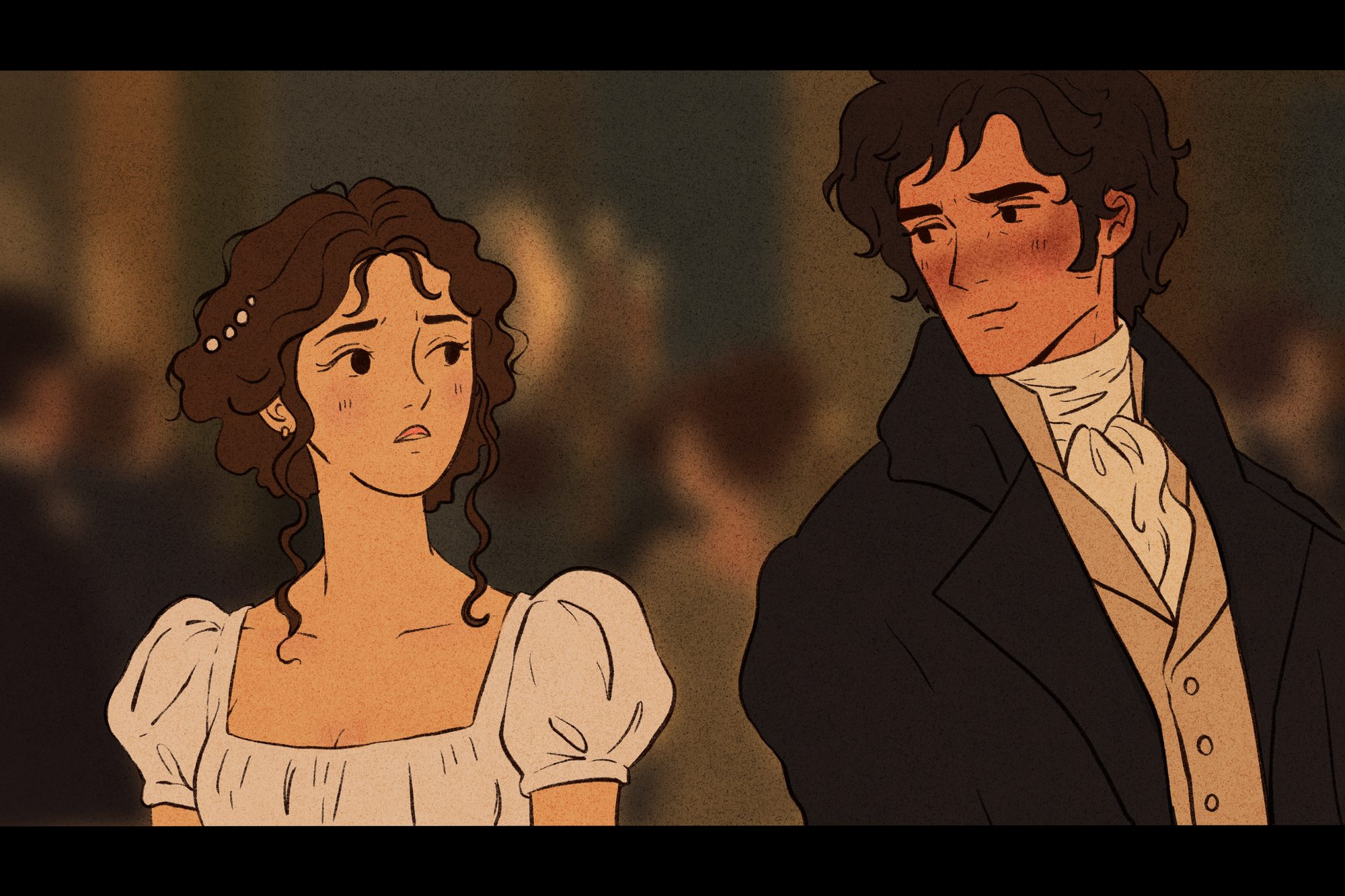 Illustration by Nora: a woman in a white Regency dress glances at a blushing gentleman at a ball